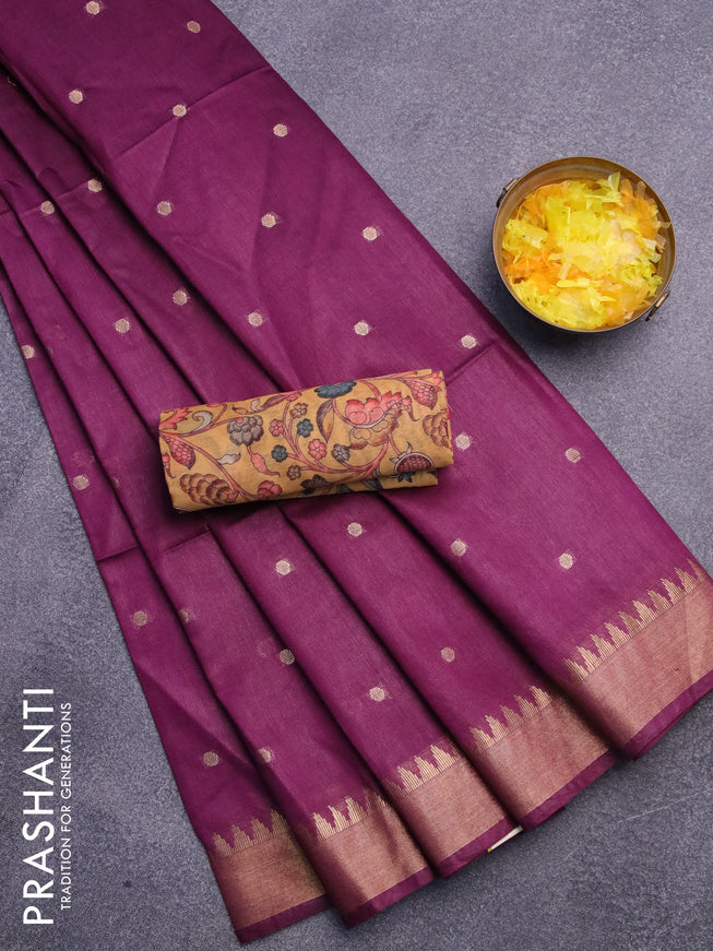 Semi tussar saree wine shade and mustard yellow with allover zari woven buttas and temple design zari woven border & kalamkari printed blouse
