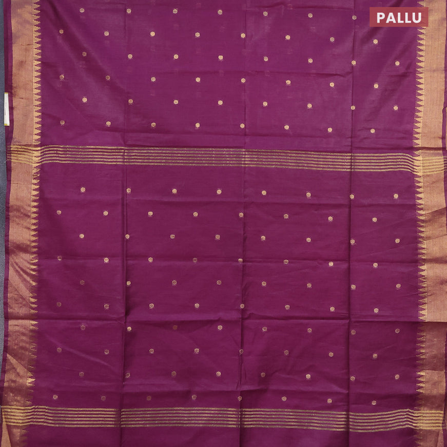 Semi tussar saree wine shade and mustard yellow with allover zari woven buttas and temple design zari woven border & kalamkari printed blouse