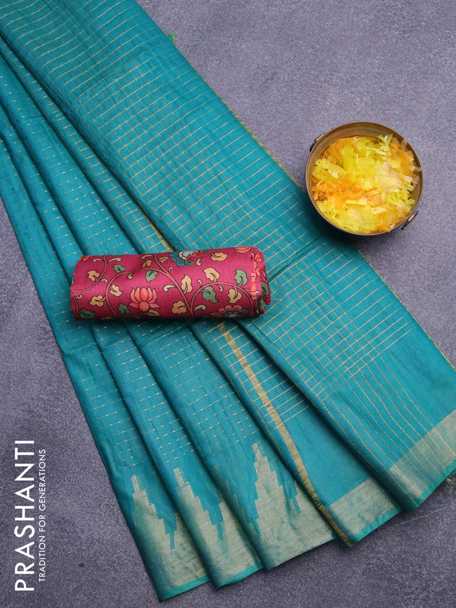 Semi tussar saree teal green shade and dark pink with allover zari stripe pattern and temple design zari woven border & kalamkari printed blouse