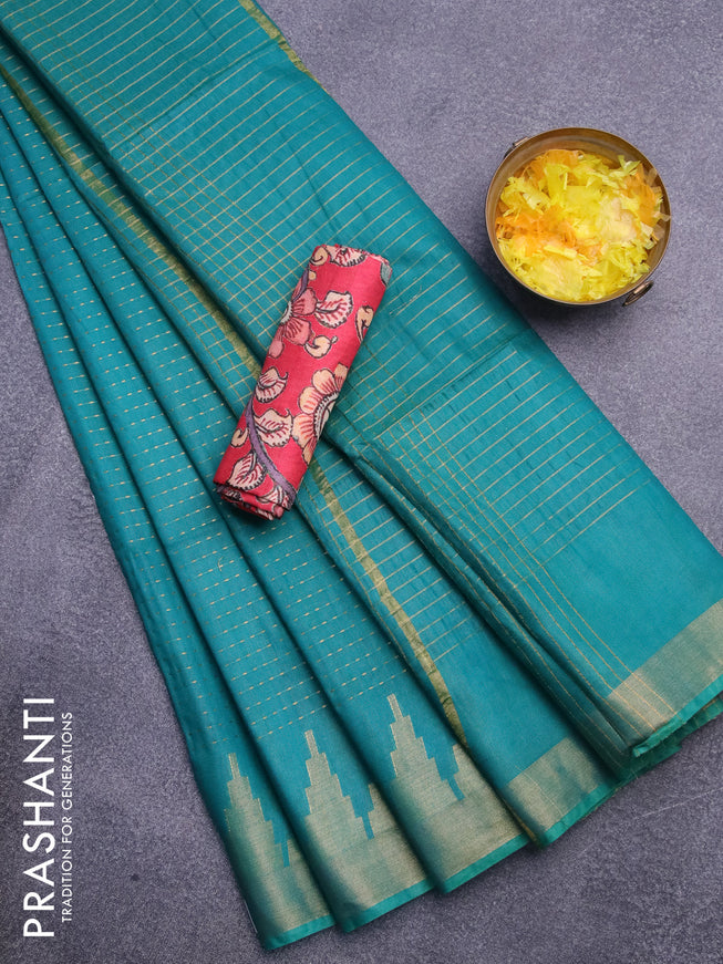 Semi tussar saree teal green shade and red with allover zari stripe pattern and temple design zari woven border & kalamkari printed blouse