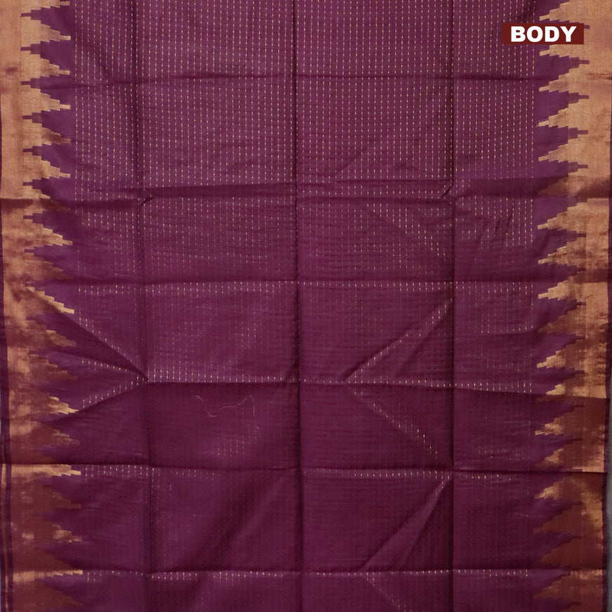 Semi tussar saree dark purple and royal blue with allover zari stripe pattern and temple design zari woven border & kalamkari printed blouse