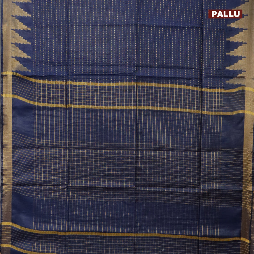 Semi tussar saree navy blue and teal blue with allover zari stripe pattern and temple design zari woven border & kalamkari printed blouse