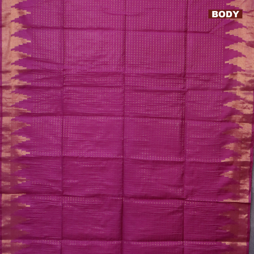 Semi tussar saree purple and blue with allover zari stripe pattern and temple design zari woven border & kalamkari printed blouse