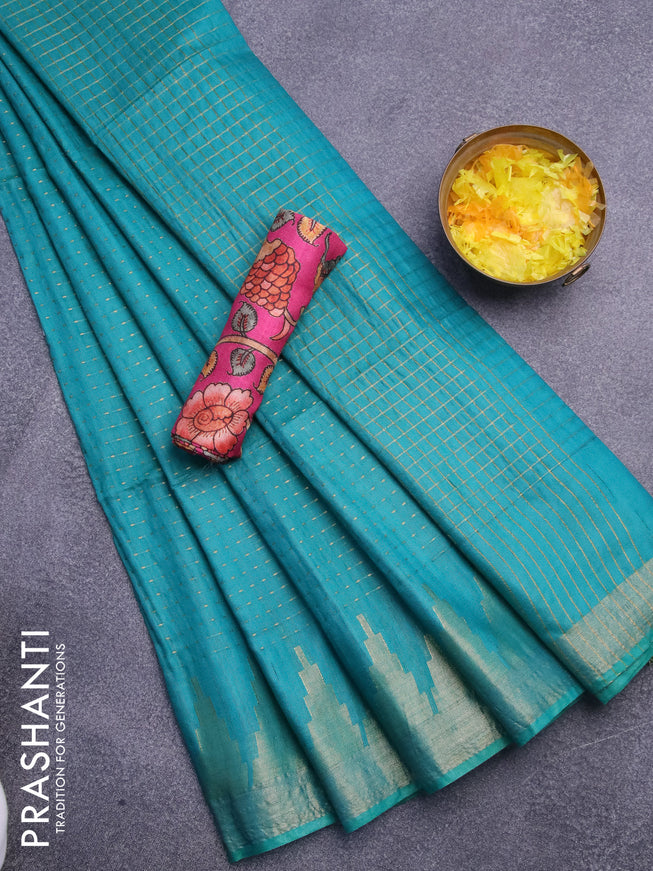 Semi tussar saree teal green shade and pink with allover zari stripe pattern and temple design zari woven border & kalamkari printed blouse