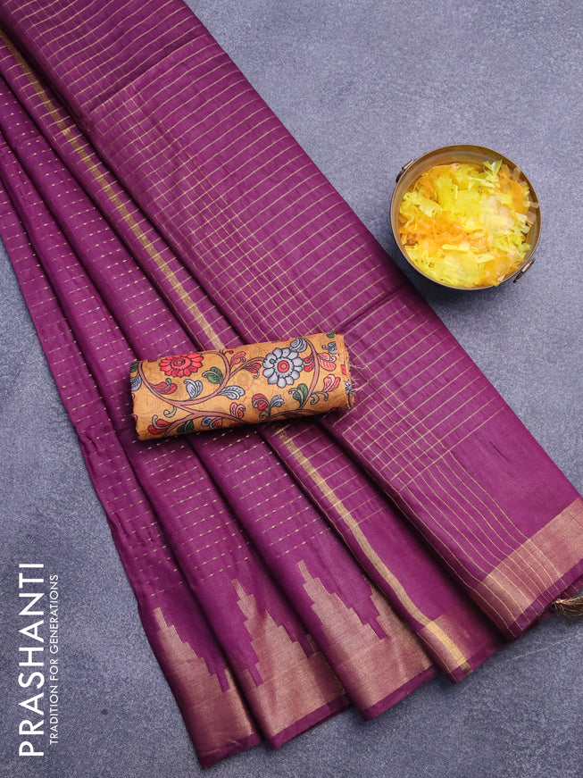 Semi tussar saree dark purple and mustard yellow with allover zari stripe pattern and temple design zari woven border & kalamkari printed blouse