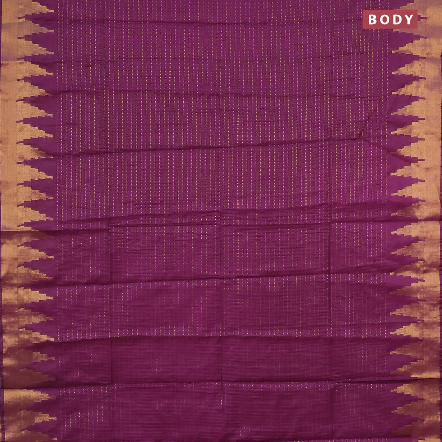 Semi tussar saree purple and teal blue with allover zari stripe pattern and temple design zari woven border & kalamkari printed blouse