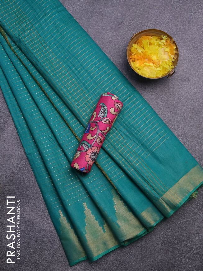 Semi tussar saree teal green shade and magenta pink with allover zari stripe pattern and temple design zari woven border & kalamkari printed blouse