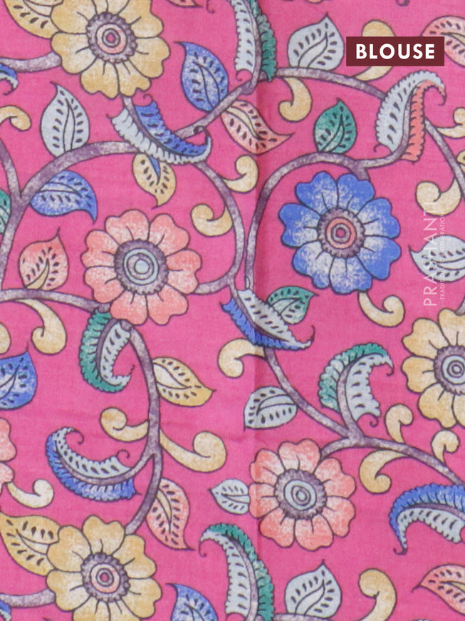 Semi tussar saree teal green shade and magenta pink with allover zari stripe pattern and temple design zari woven border & kalamkari printed blouse
