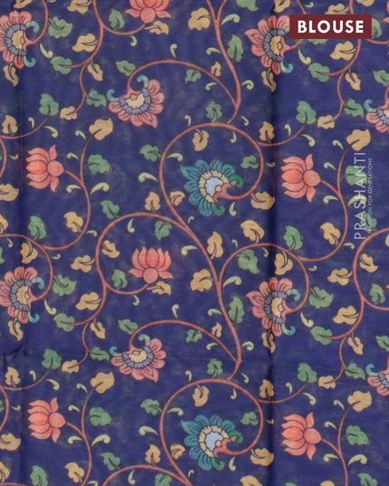 Semi tussar saree teal blue and navy blue with allover zari stripe pattern and temple design zari woven border & kalamkari printed blouse