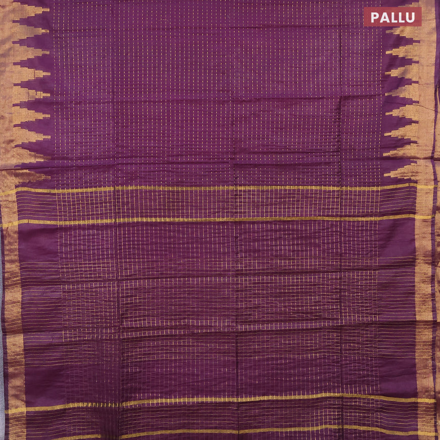 Semi tussar saree wine shade and green with allover zari stripe pattern and temple design zari woven border & kalamkari printed blouse