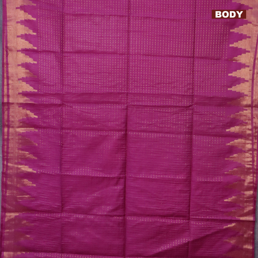 Semi tussar saree purple and navy blue with allover zari stripe pattern and temple design zari woven border & kalamkari printed blouse