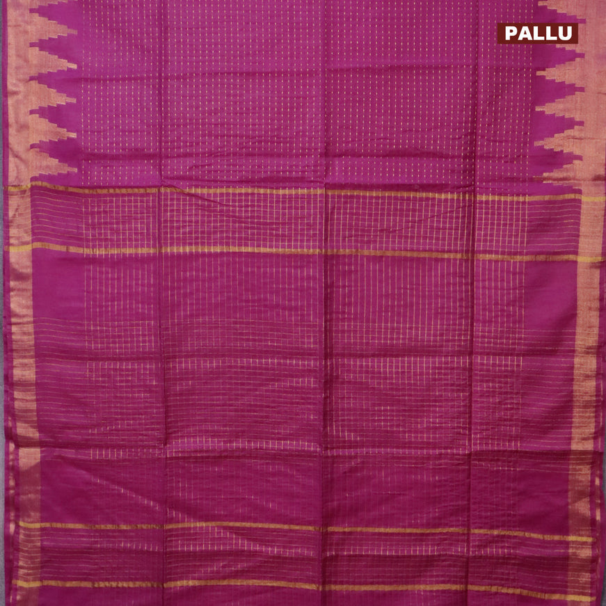 Semi tussar saree purple and navy blue with allover zari stripe pattern and temple design zari woven border & kalamkari printed blouse