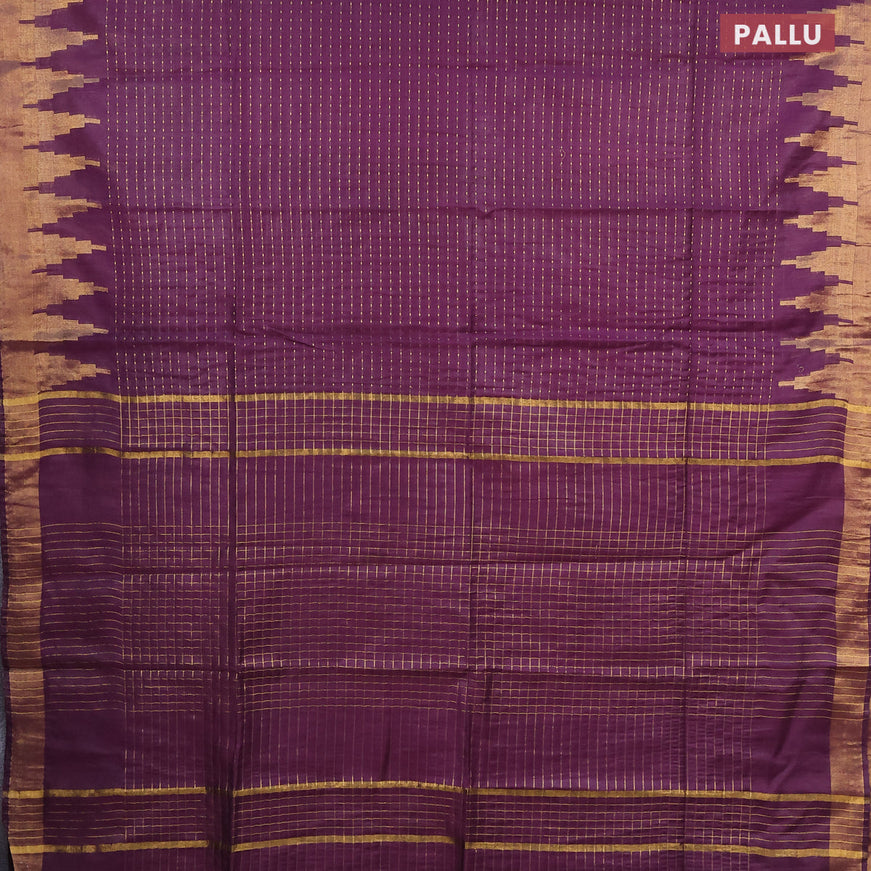 Semi tussar saree wine shade and blue with allover zari stripe pattern and temple design zari woven border & kalamkari printed blouse