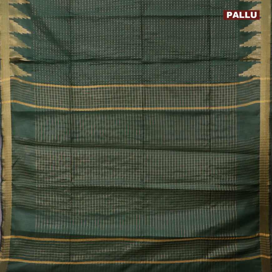 Semi tussar saree dark green and mustard yellow with allover zari stripe pattern and temple design zari woven border & kalamkari printed blouse