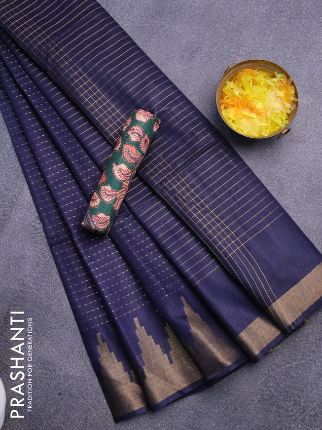 Semi tussar saree navy blue and green with allover zari stripe pattern and temple design zari woven border & kalamkari printed blouse
