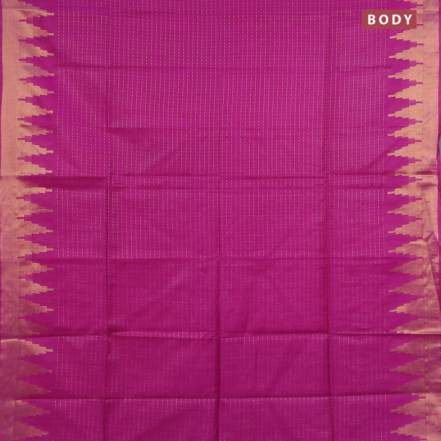 Semi tussar saree purple and royal blue with allover zari stripe pattern and temple design zari woven border & kalamkari printed blouse