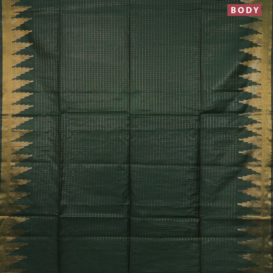 Semi tussar saree dark green and pink with allover zari stripe pattern and temple design zari woven border & kalamkari printed blouse