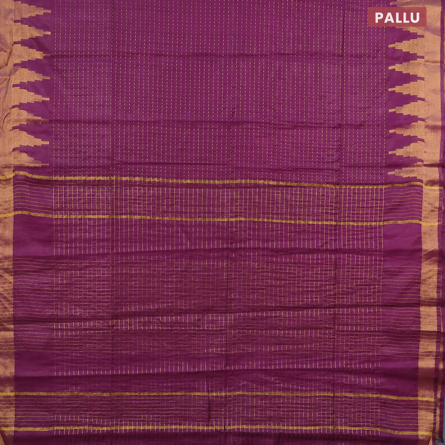 Semi tussar saree wine shade and blue with allover zari stripe pattern and temple design zari woven border & kalamkari printed blouse