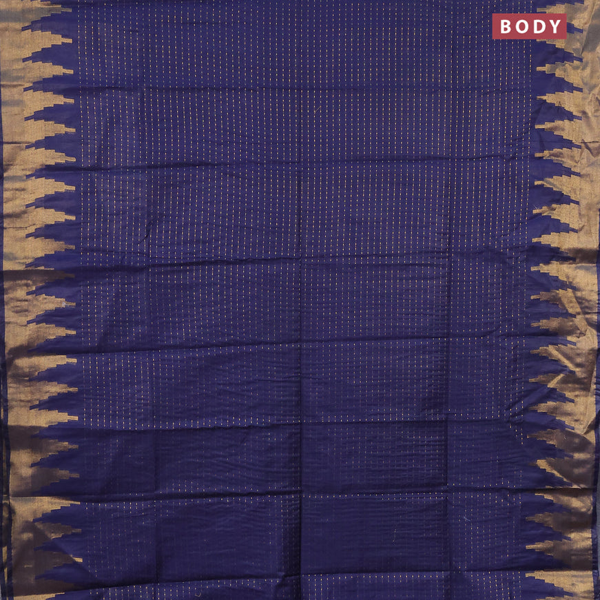 Semi tussar saree navy blue and cs blue with allover zari stripe pattern and temple design zari woven border & kalamkari printed blouse
