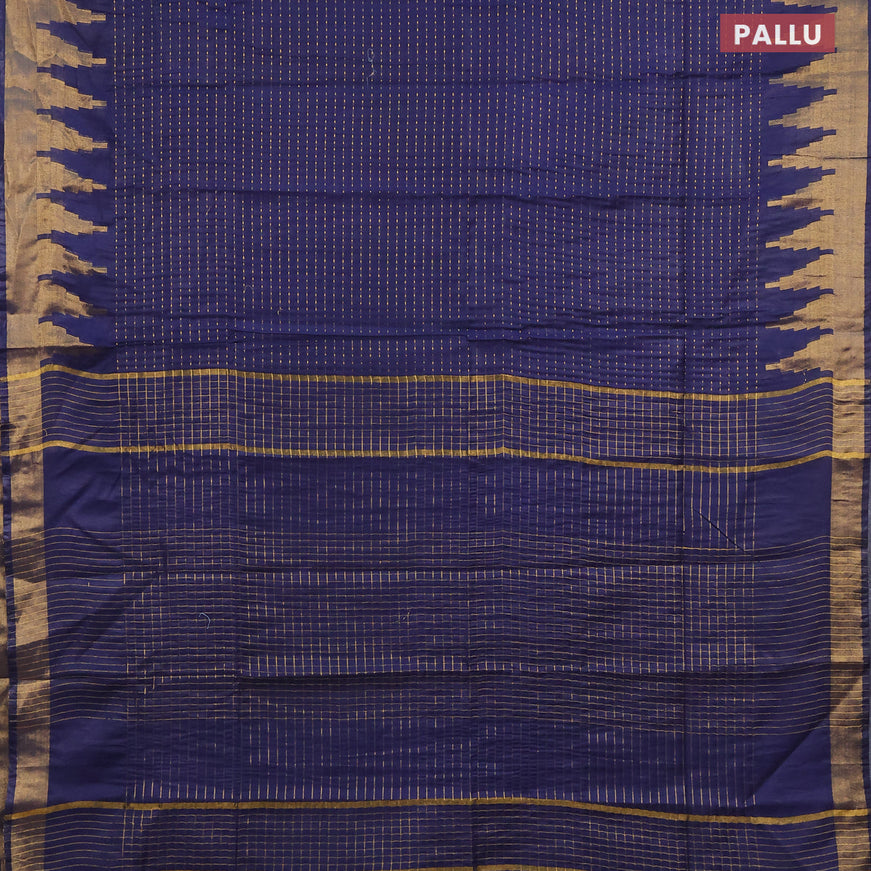 Semi tussar saree navy blue and cs blue with allover zari stripe pattern and temple design zari woven border & kalamkari printed blouse