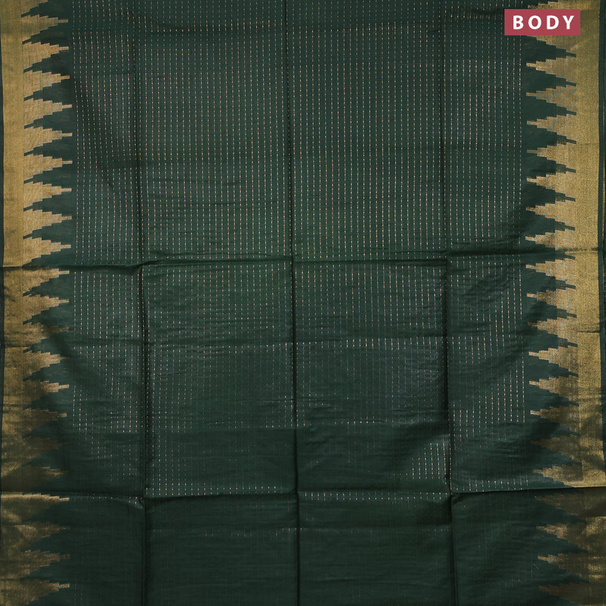 Semi tussar saree dark green and blue with allover zari stripe pattern and temple design zari woven border & kalamkari printed blouse