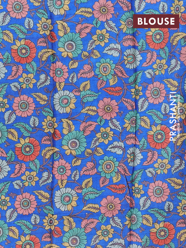 Semi tussar saree dark green and blue with allover zari stripe pattern and temple design zari woven border & kalamkari printed blouse