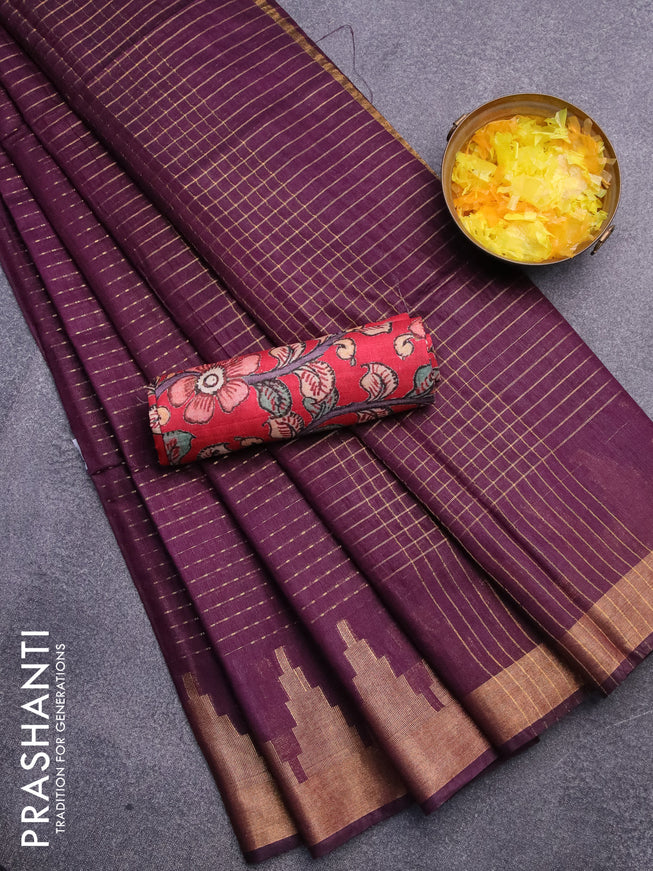 Semi tussar saree wine shade and red with allover zari stripe pattern and temple design zari woven border & kalamkari printed blouse