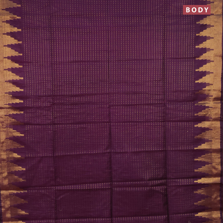 Semi tussar saree wine shade and red with allover zari stripe pattern and temple design zari woven border & kalamkari printed blouse