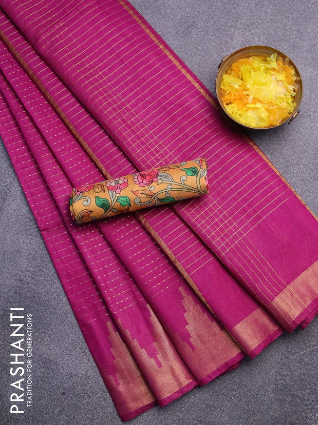 Semi tussar saree purple and mustard yellow with allover zari stripe pattern and temple design zari woven border & kalamkari printed blouse