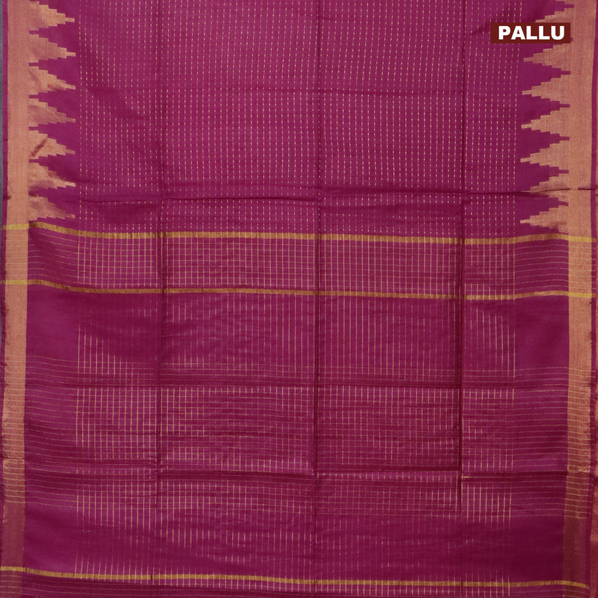 Semi tussar saree purple and mustard yellow with allover zari stripe pattern and temple design zari woven border & kalamkari printed blouse