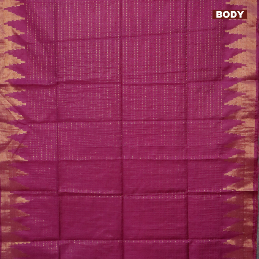 Semi tussar saree purple and dark green with allover zari stripe pattern and temple design zari woven border & kalamkari printed blouse