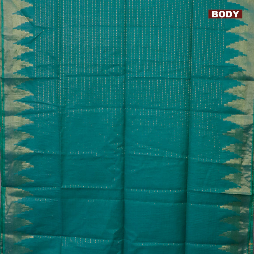 Semi tussar saree teal green shade and red with allover zari stripe pattern and temple design zari woven border & kalamkari printed blouse