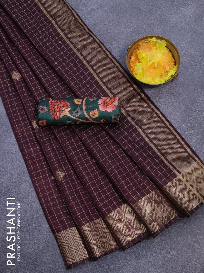 Semi tussar saree deep maroon and dark green with allover zari checks & buttas and zari woven border & kalamkari printed blouse