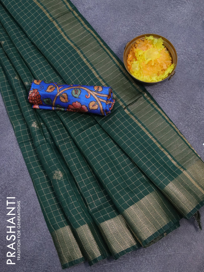 Semi tussar saree green and blue with allover zari checks & buttas and zari woven border & kalamkari printed blouse