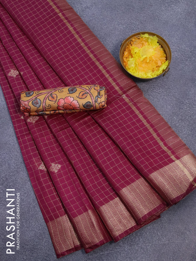 Semi tussar saree dark magenta and mustard yellow with allover zari checks & buttas and zari woven border & kalamkari printed blouse