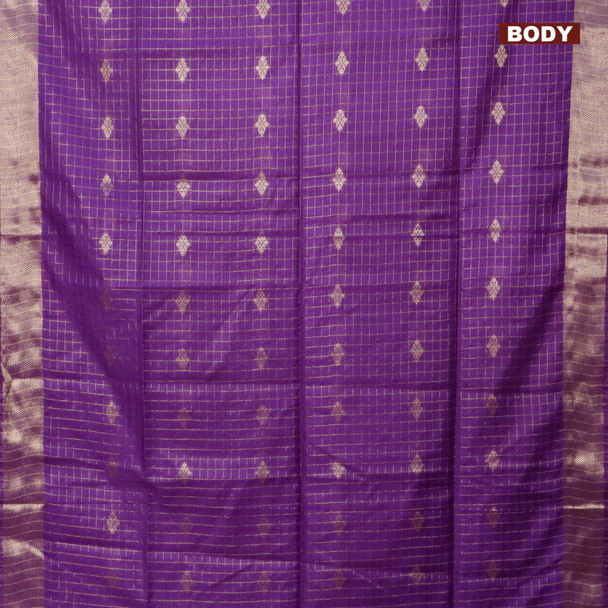 Semi tussar saree violet and teal blue with allover zari checks & buttas and zari woven border & kalamkari printed blouse