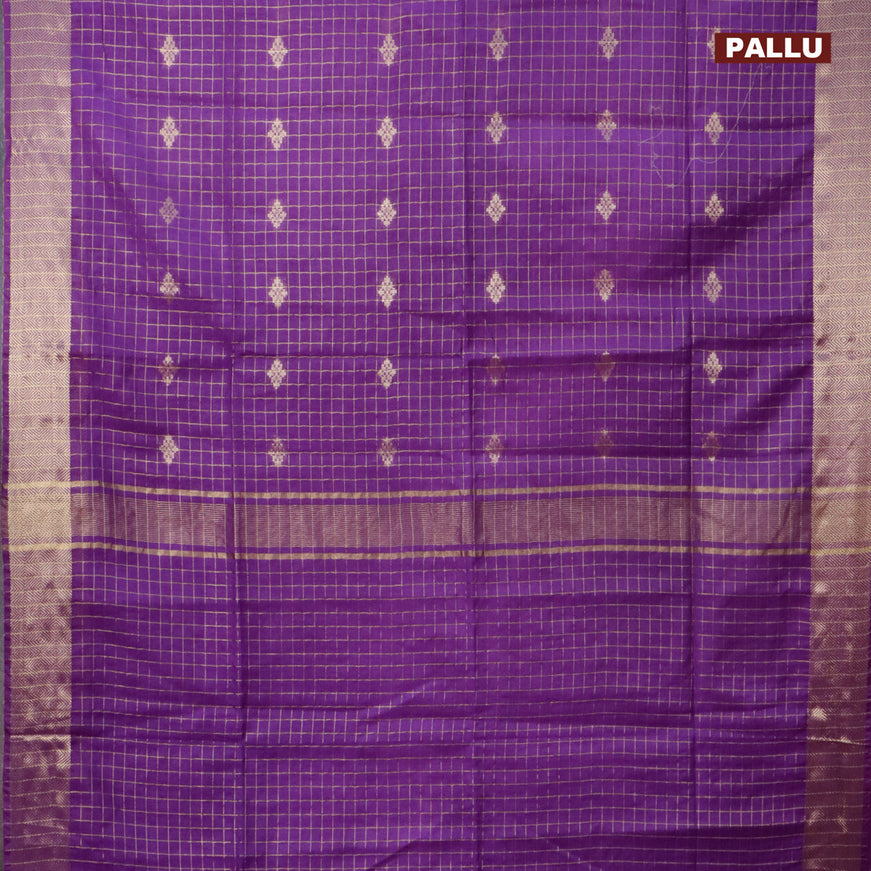 Semi tussar saree violet and teal blue with allover zari checks & buttas and zari woven border & kalamkari printed blouse