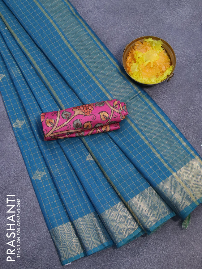 Semi tussar saree peacock blue and pink with allover zari checks & buttas and zari woven border & kalamkari printed blouse