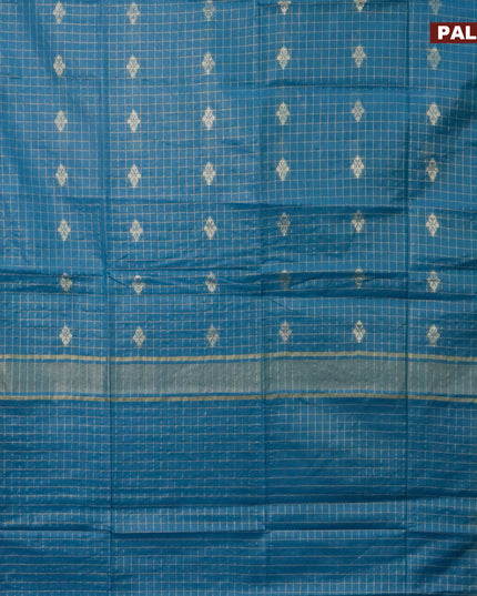 Semi tussar saree peacock blue and pink with allover zari checks & buttas and zari woven border & kalamkari printed blouse