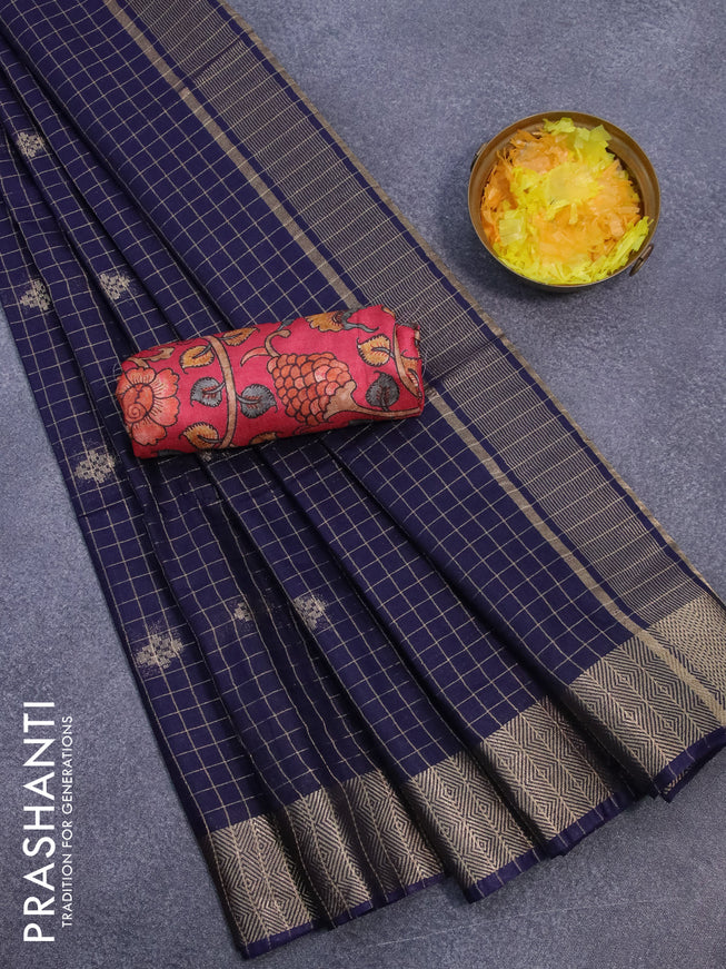 Semi tussar saree navy blue and reddish pink with allover zari checks & buttas and zari woven border & kalamkari printed blouse