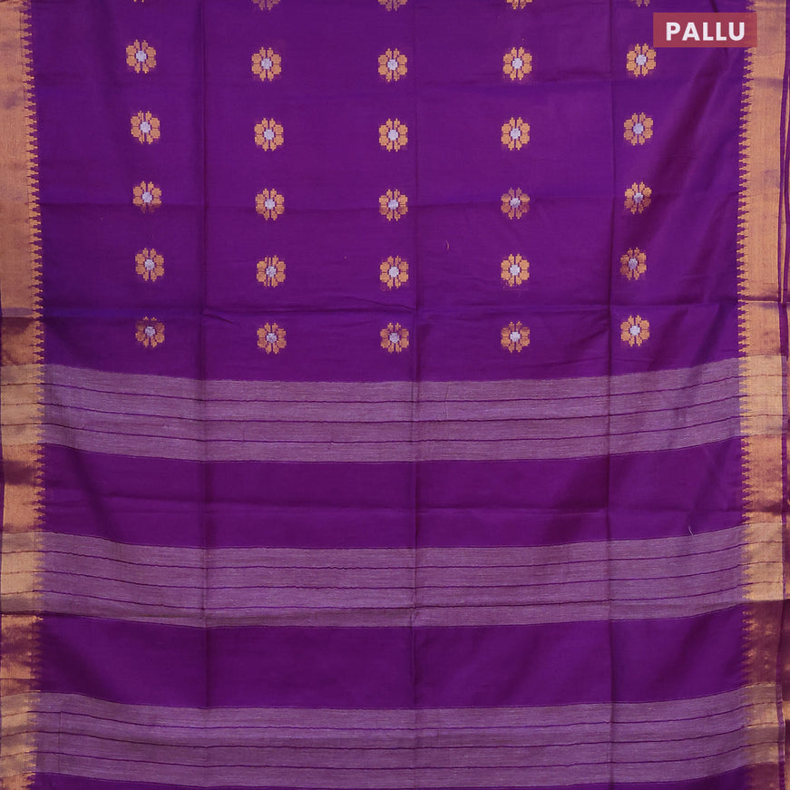 Semi tussar saree violet and cs blue with gold & silver zari woven buttas and zari woven border & kalamkari printed blouse