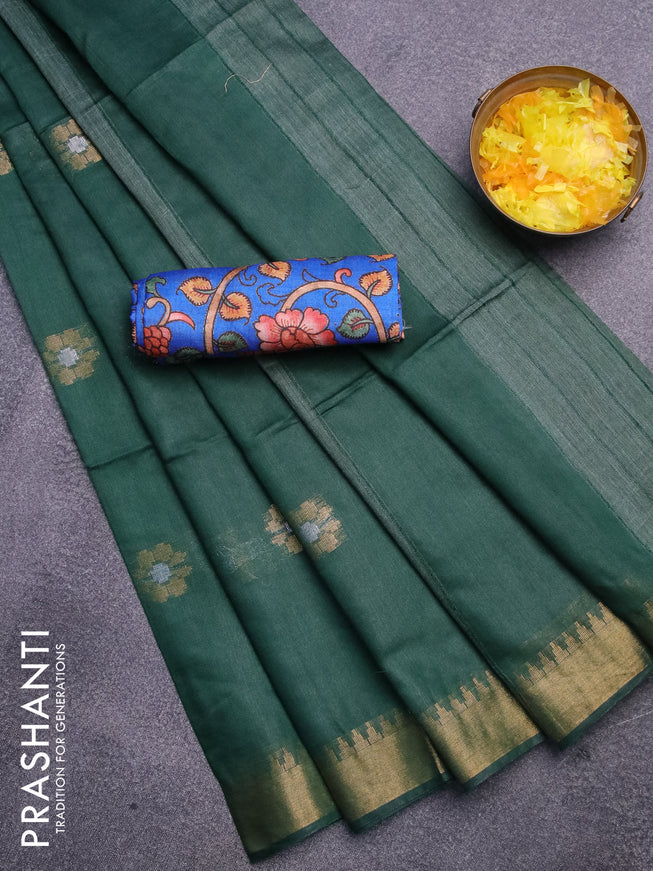 Semi tussar saree dark green and blue with gold & silver zari woven buttas and zari woven border & kalamkari printed blouse