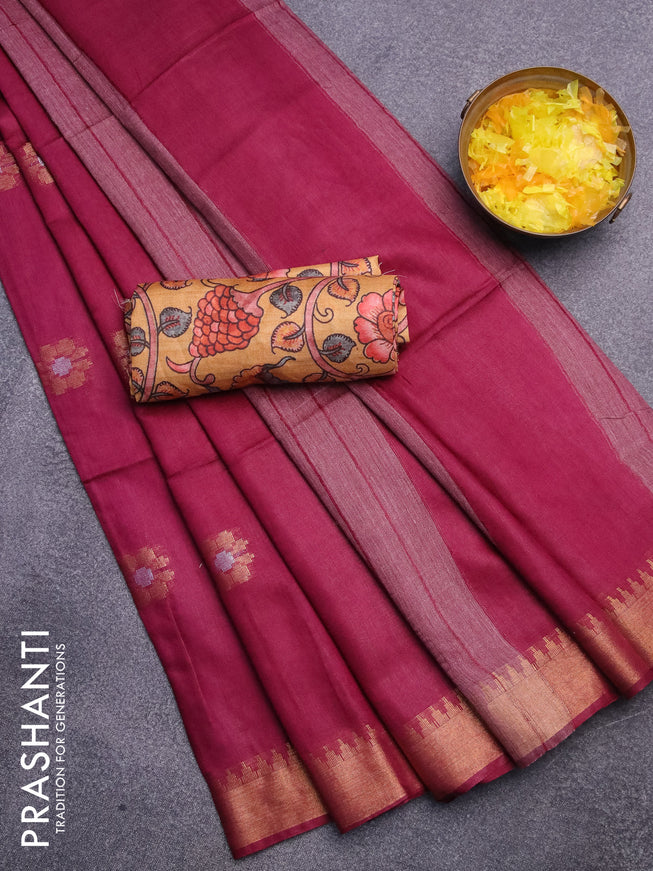 Semi tussar saree magenta pink and mustard yellow with gold & silver zari woven buttas and zari woven border & kalamkari printed blouse
