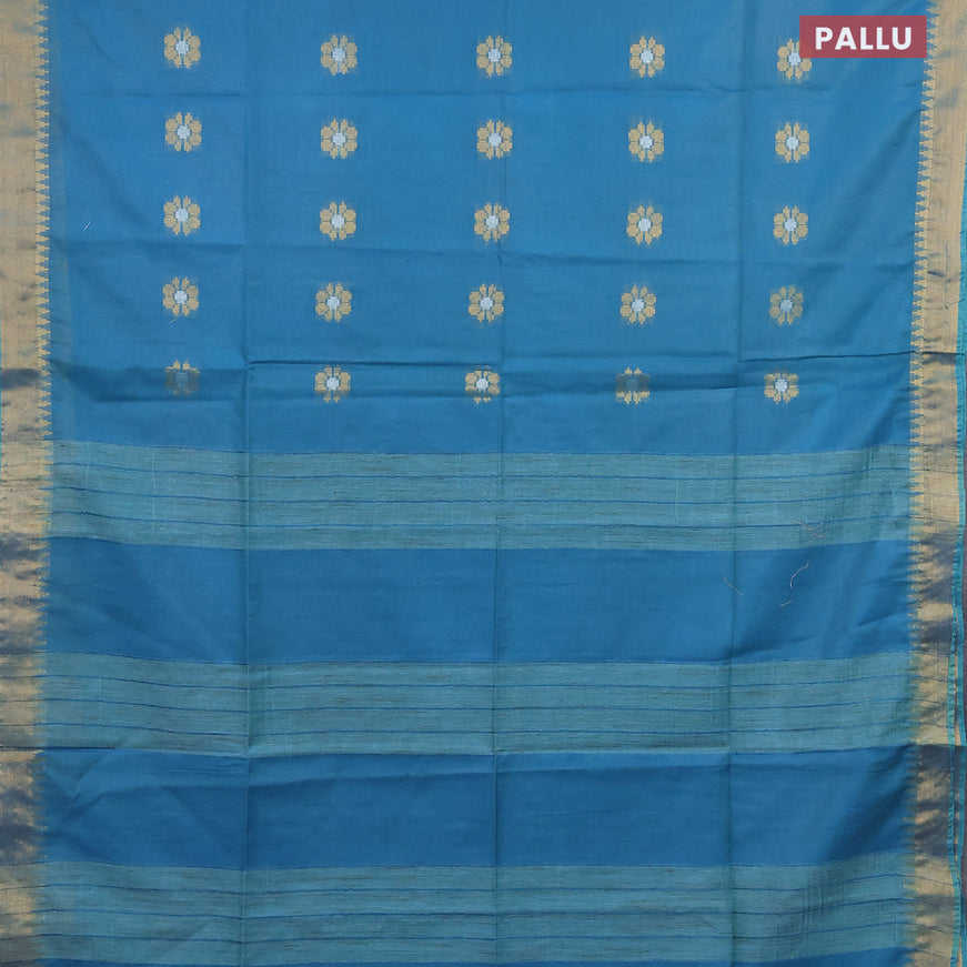 Semi tussar saree peacock blue and pink with gold & silver zari woven buttas and zari woven border & kalamkari printed blouse