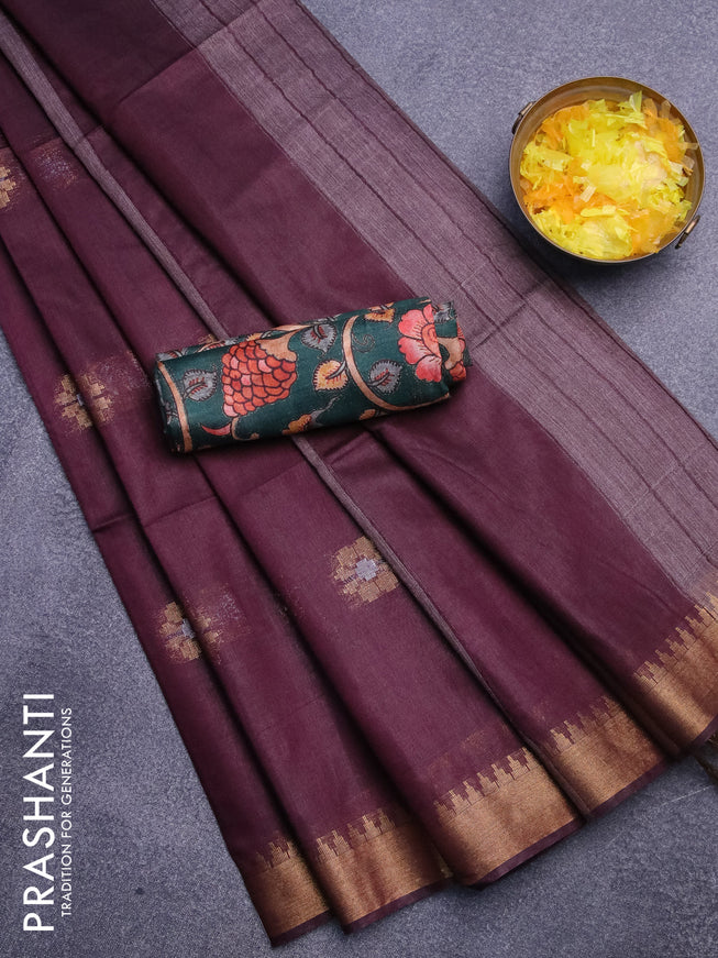 Semi tussar saree wine shade and dark green with gold & silver zari woven buttas and zari woven piping border & kalamkari printed blouse