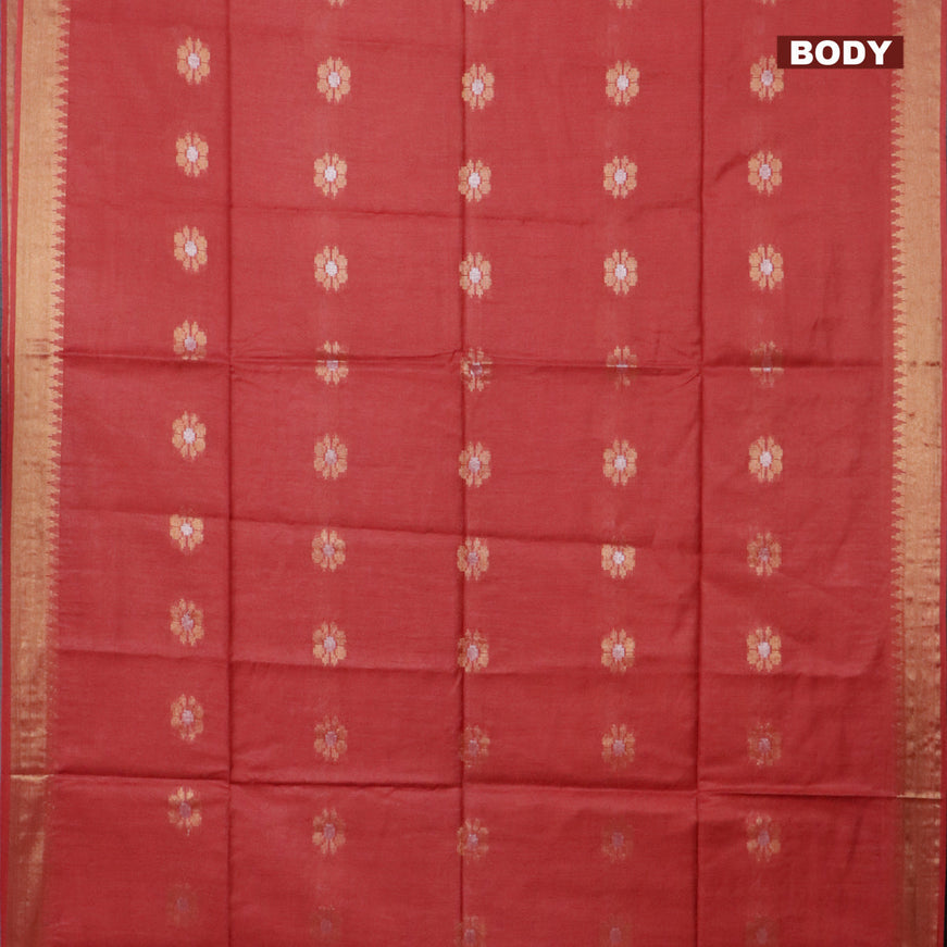 Semi tussar saree red and blue with gold & silver zari woven buttas and zari woven piping border & kalamkari printed blouse