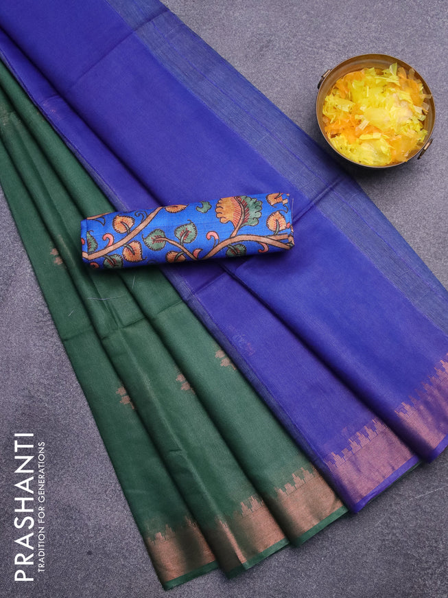 Semi tussar saree green and blue with copper & silver zari woven buttas and copper zari woven piping border & kalamkari printed blouse