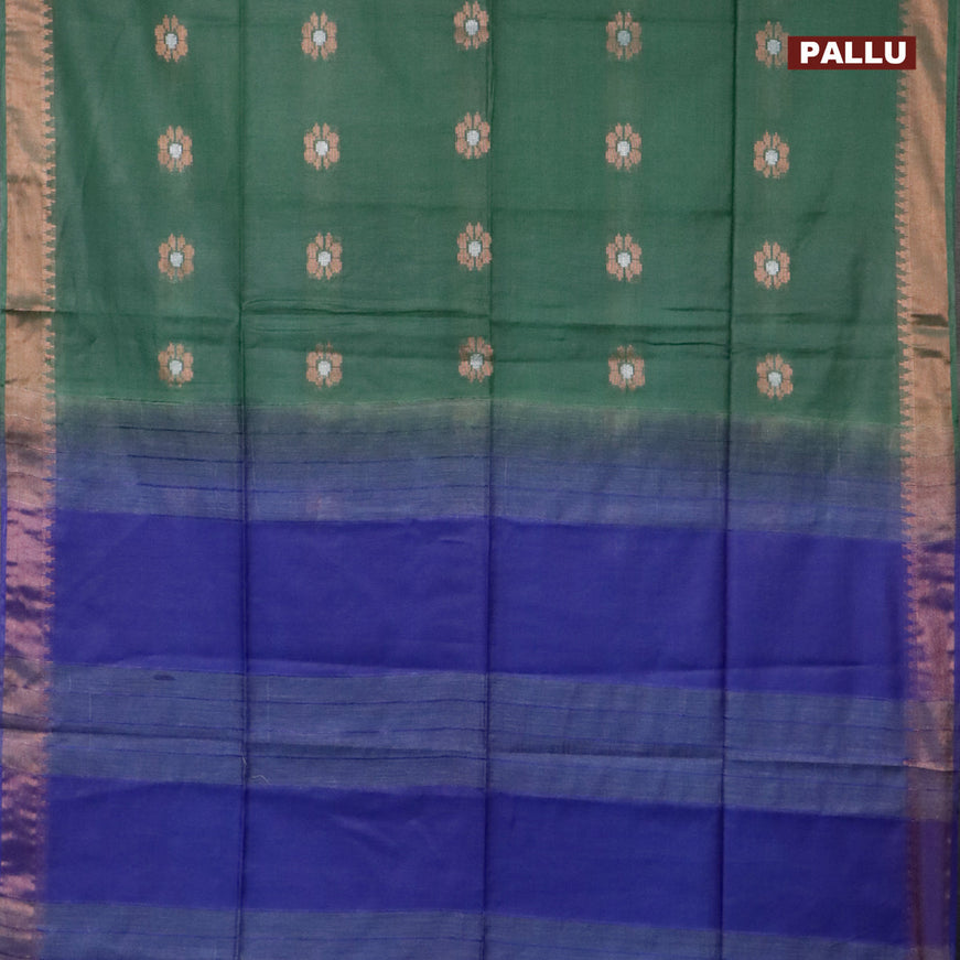 Semi tussar saree green and blue with copper & silver zari woven buttas and copper zari woven piping border & kalamkari printed blouse