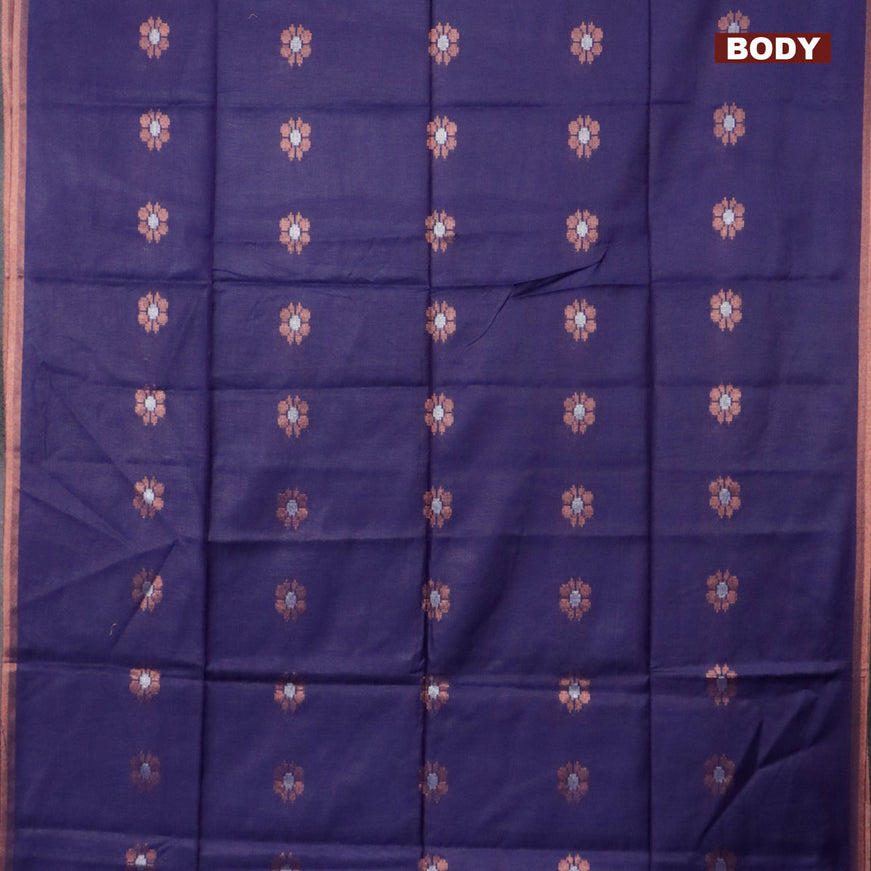 Semi tussar saree navy blue and reddish pink with copper & silver zari woven buttas and copper zari woven piping border & kalamkari printed blouse