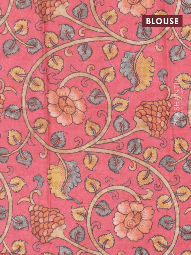 Semi tussar saree navy blue and reddish pink with copper & silver zari woven buttas and copper zari woven piping border & kalamkari printed blouse